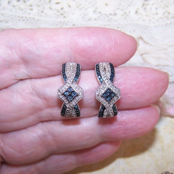 JWBR Made in India Sterling Silver Blue/Clear Lab Diamond Pierced Earrings - Picture 3 of 8